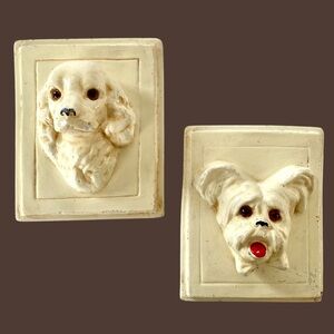 Vintage Mid Century Chalkware Sculpted 3-D Dog Wall Plaques Set of 2